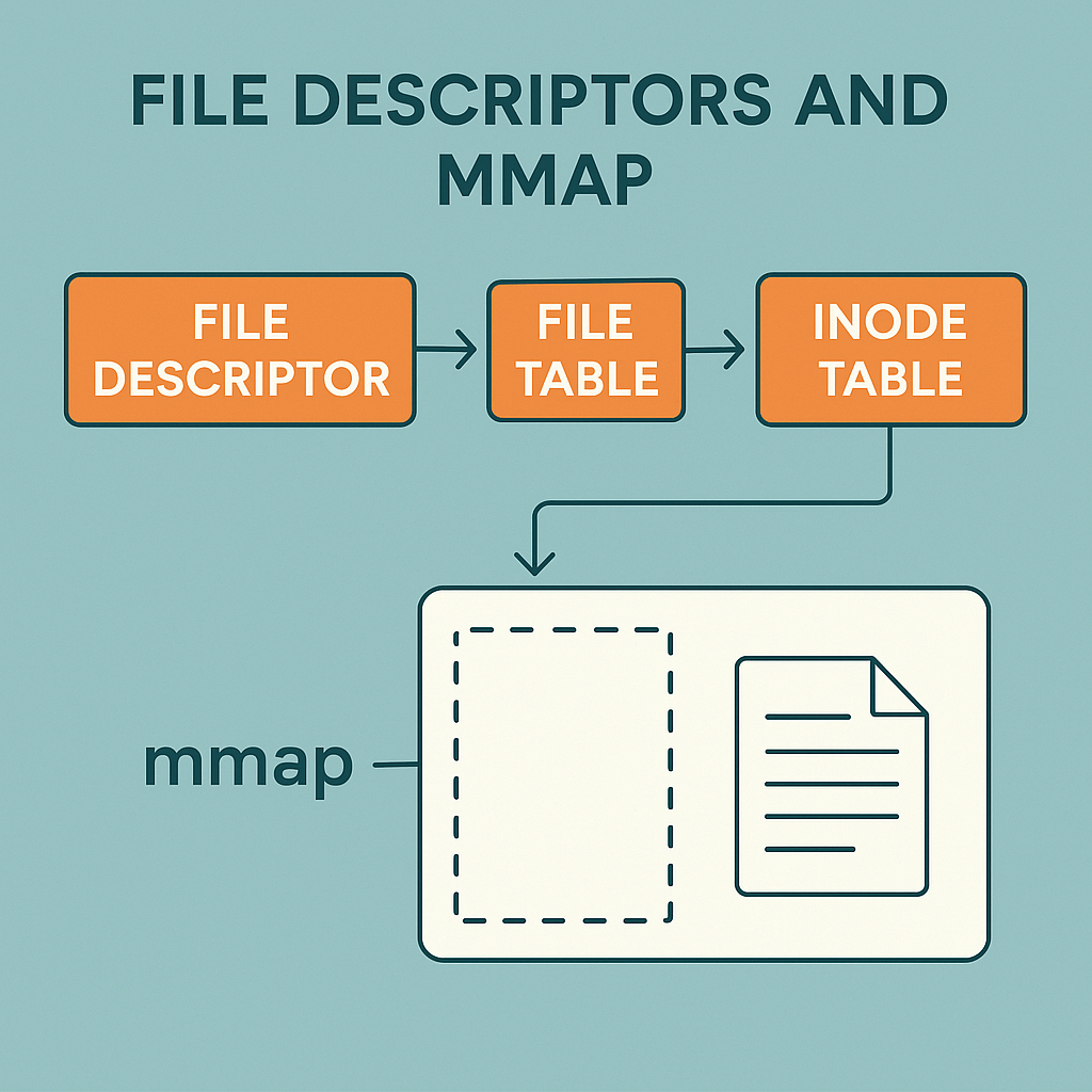 Diagram of file descriptor to inode mapping with mmap accessing a memory page.